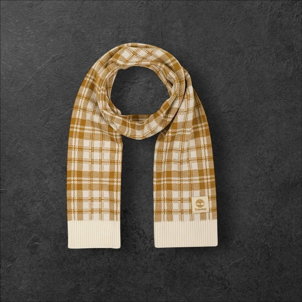 Timberland Plaid Scarf Tan Cream Knit Fall Academia Western Unisex Warm‎ Holiday